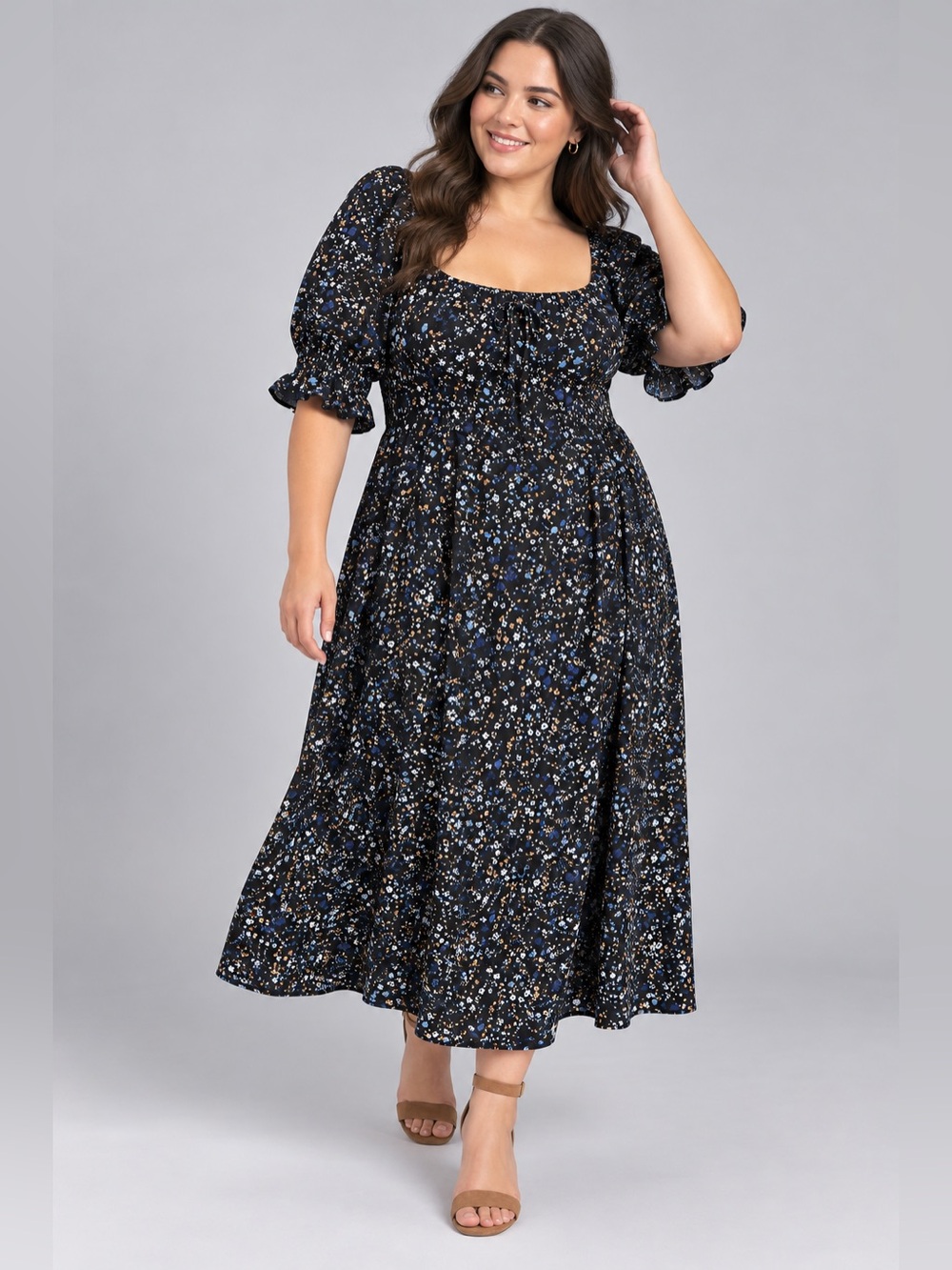 City Chic M 18 Black Blue Floral Maxi Dress Square Neck Puff Sleeve Romantic